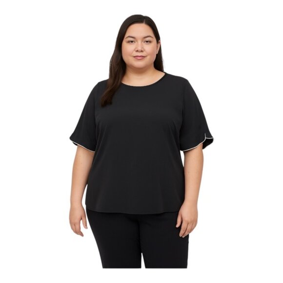 Calvin Klein Black Split Sleeve White Trim Scoop Neck Blouse - Picture 1 of 8